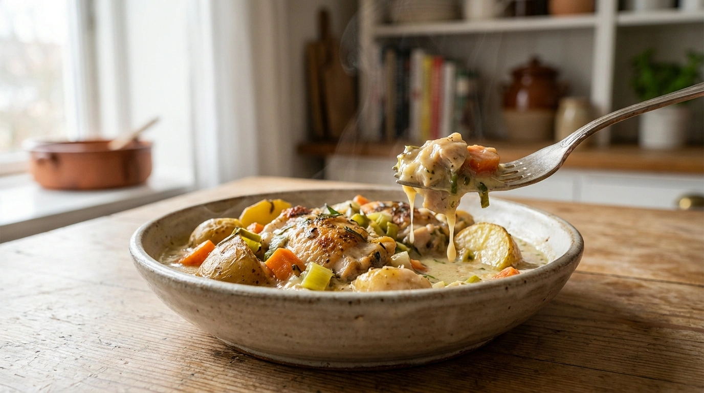 Saftig kylling i fad med kartofler og grøntsager