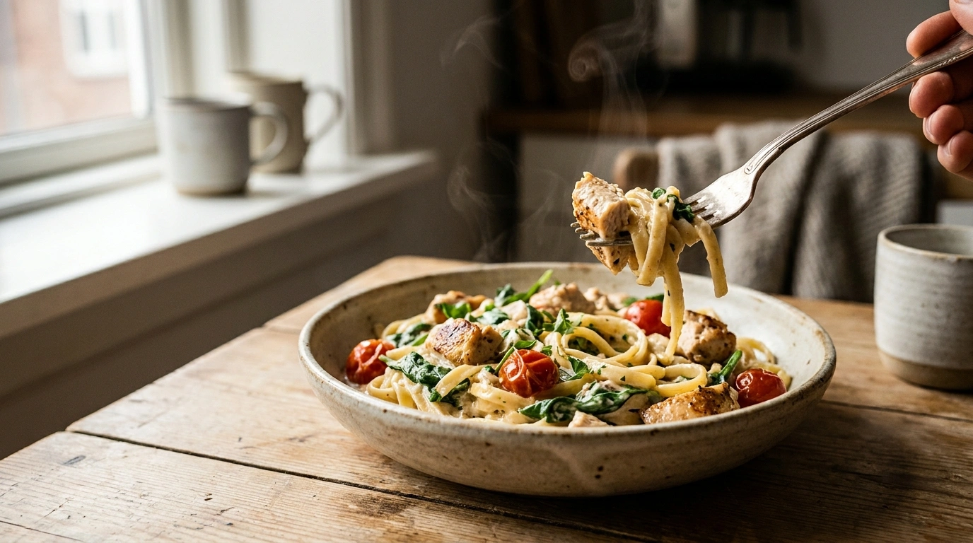 Cremet pasta med saftige kyllingestykker og parmesan