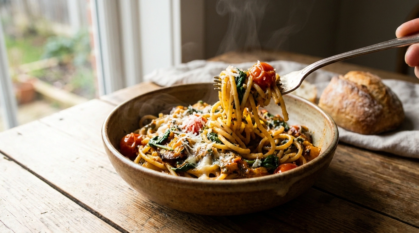 One pot pasta med tomatsauce og frisk basilikum i gryde