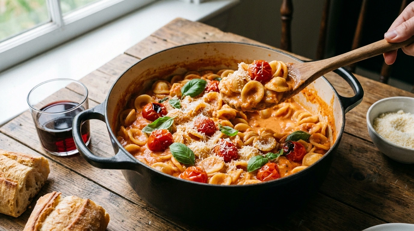 One-pot pasta med cremet tomat sauce i gryde