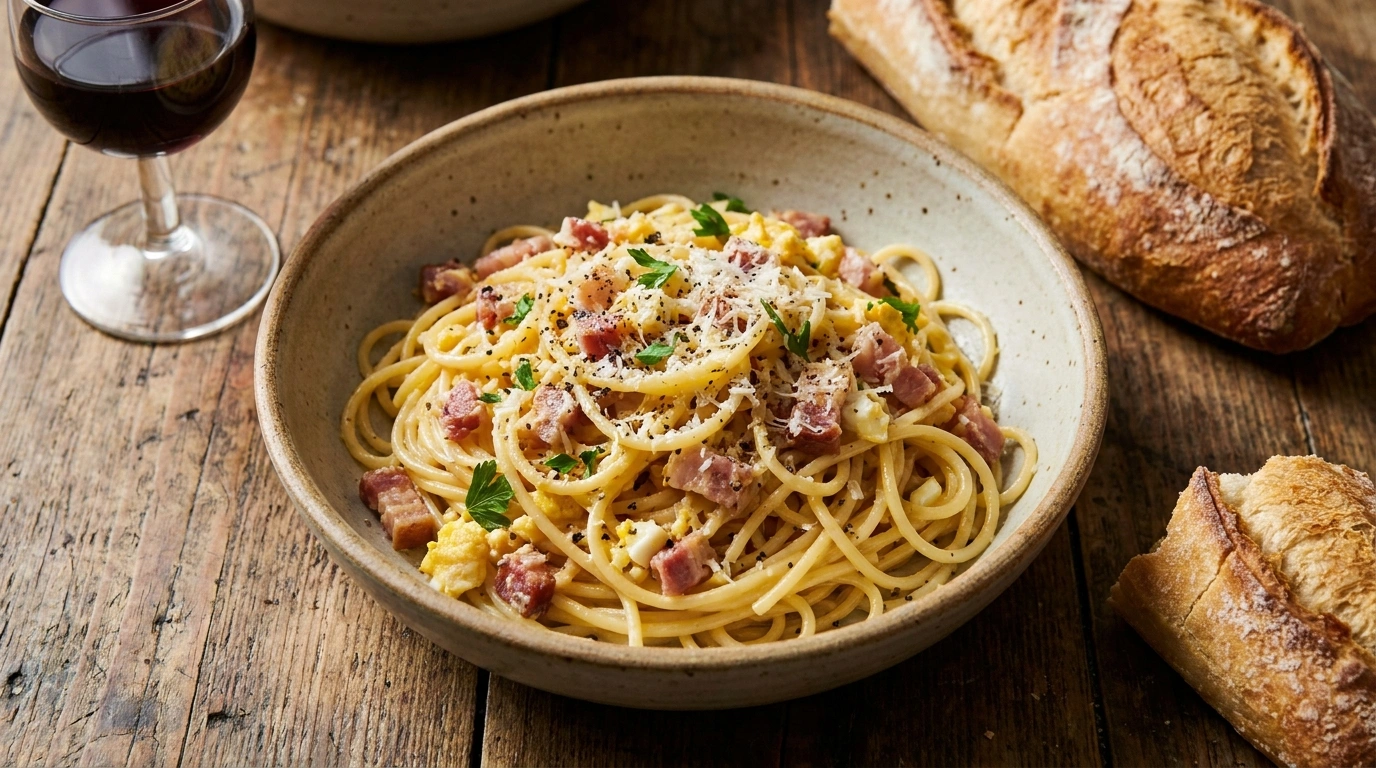 Cremet pasta carbonara med bacon og sort peber