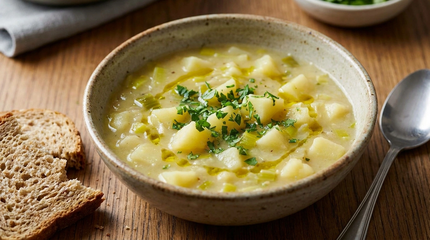 Cremet kartoffel-porresuppe med grøn olie og brød