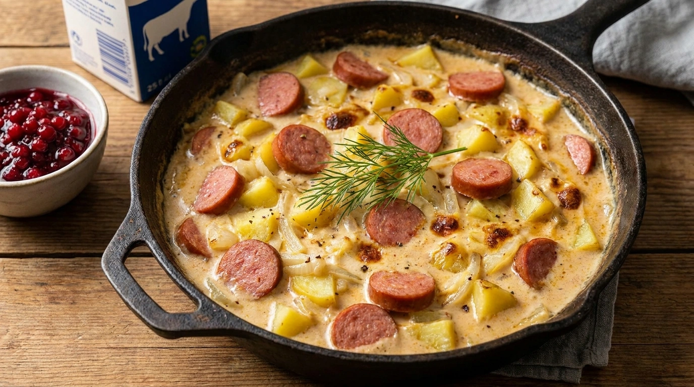 Svensk pølseret med wienerpølser og kartofler i tomatsauce