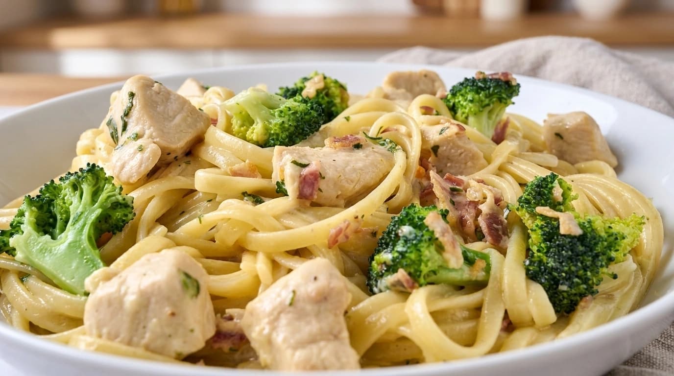 Cremet kyllingegryde med bacon og pasta i stor gryde med frisk persille