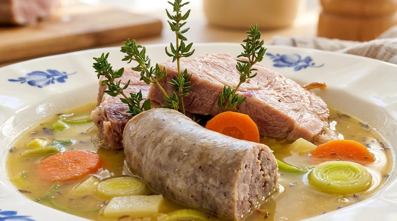 Traditionelle gule ærter med stegt flæsk, kartofler og sennep