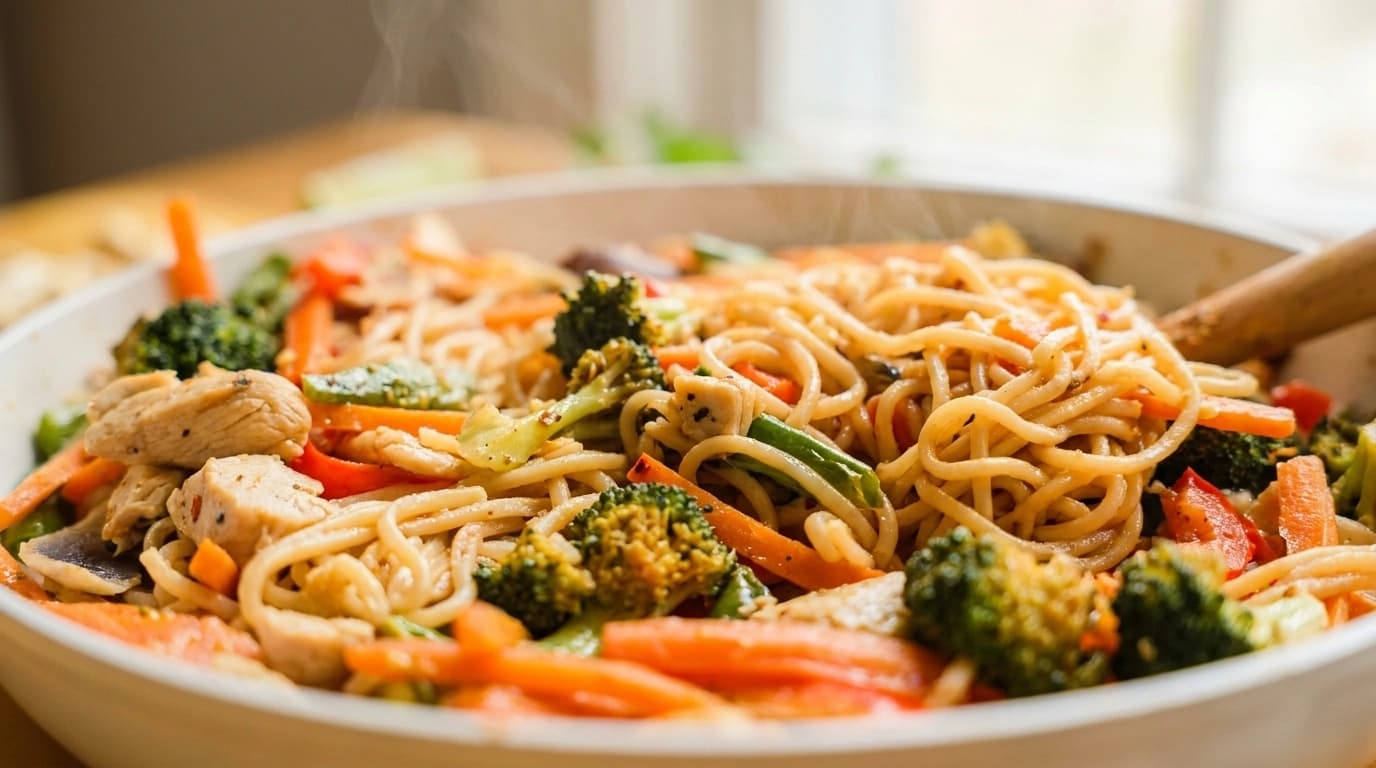 Farverig wok med kyllingestrimler, broccoli, gulerødder og rød peber