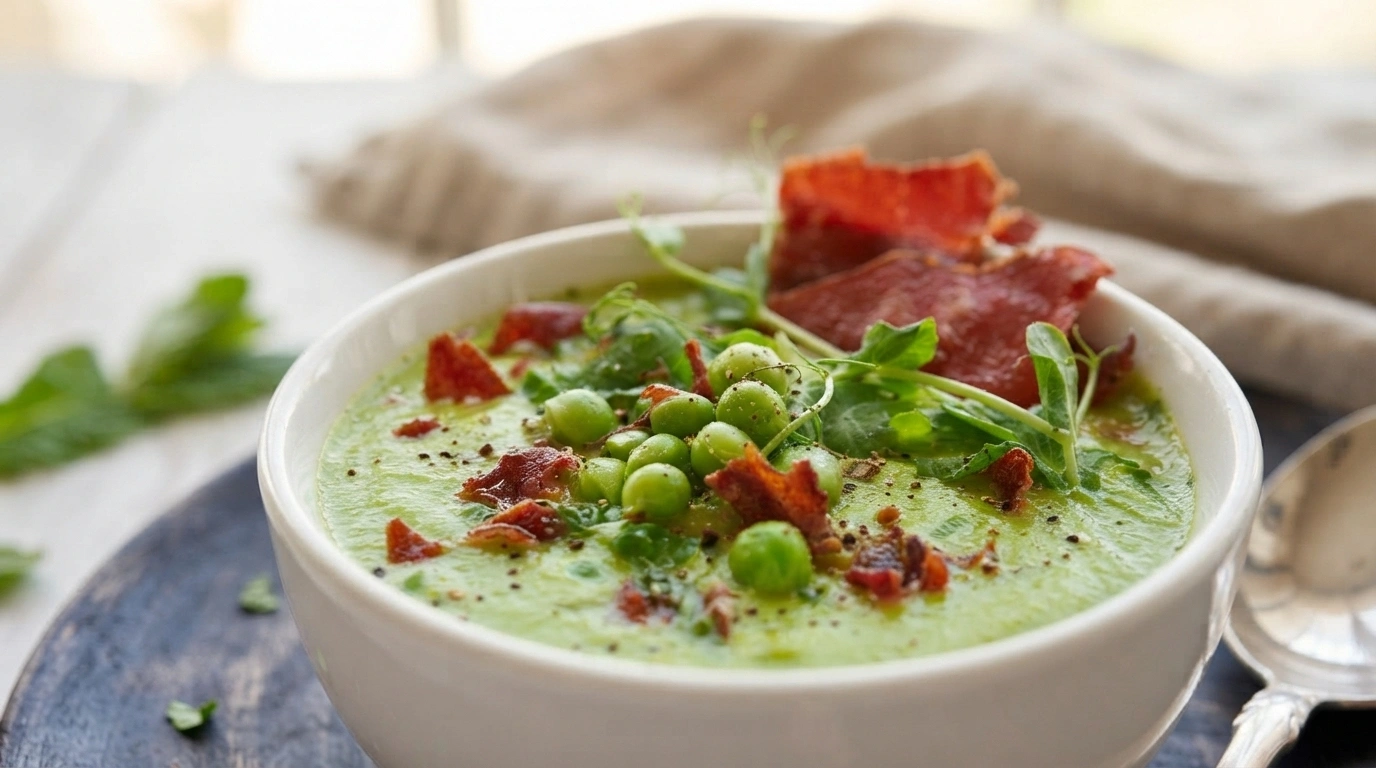 Grøn ærtesuppe med mynte, creme fraiche og sprød bacon