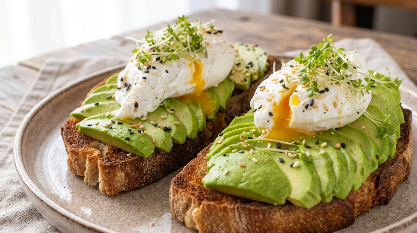 Avocado-mad med pocheret æg og chili på ristet brød — hurtig sund morgenmad