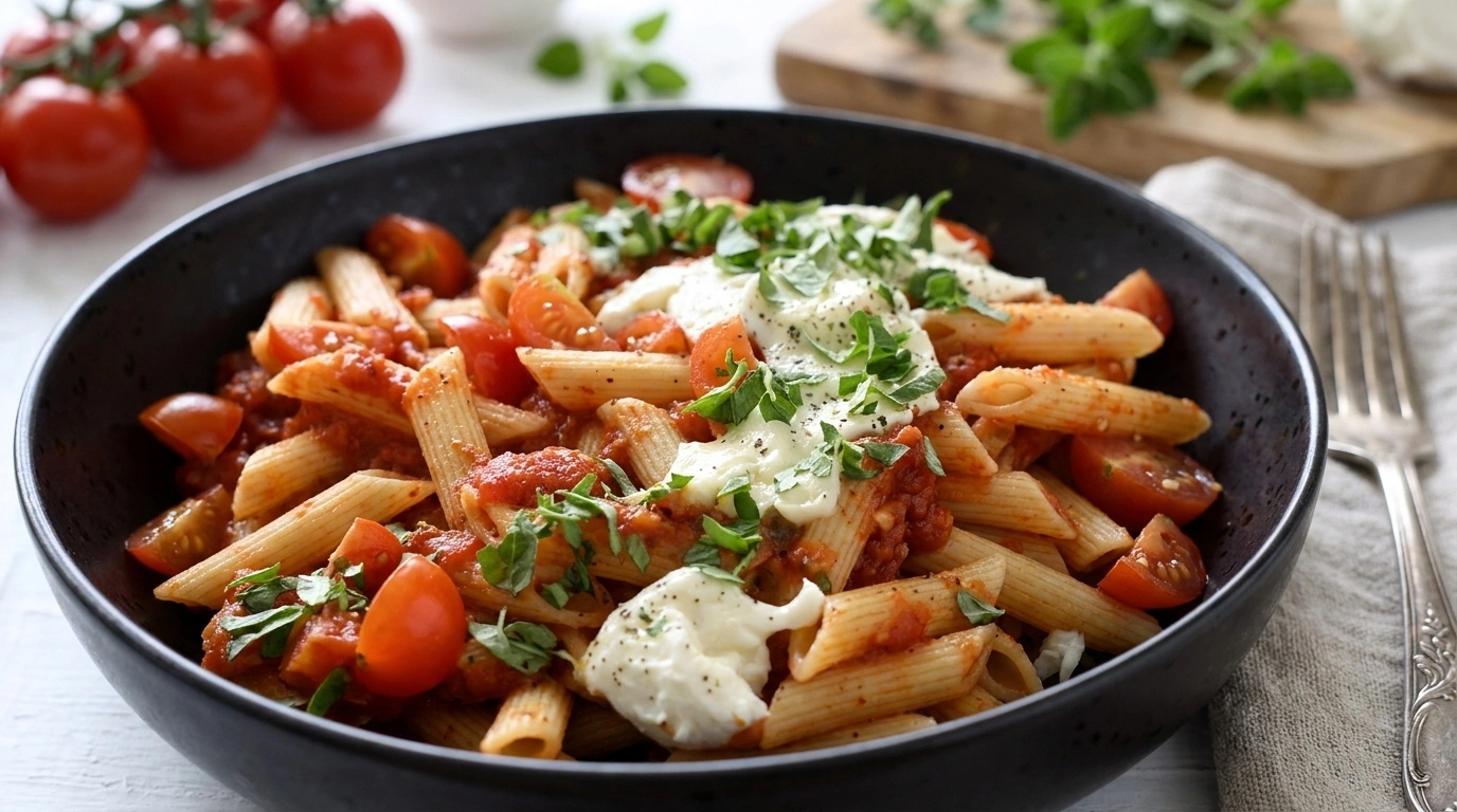 Caprese pasta med cherrytomater, mozzarella og basilikum