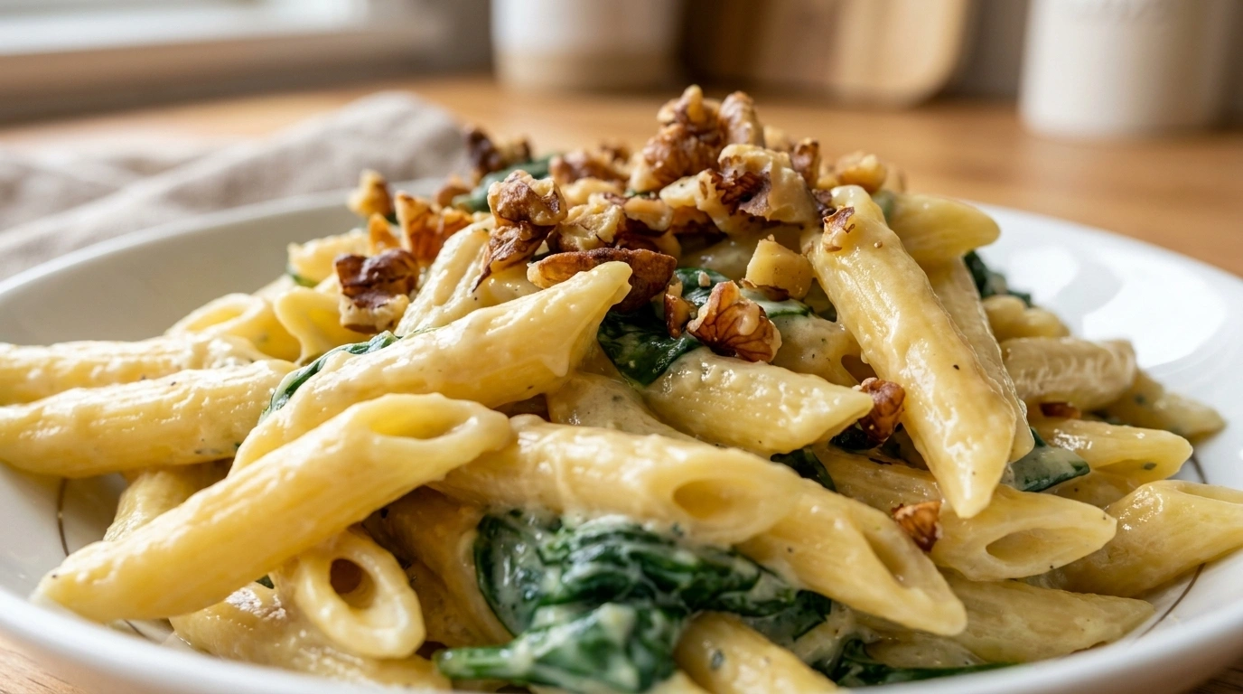Cremet pasta med blåskimmelost og valnødder