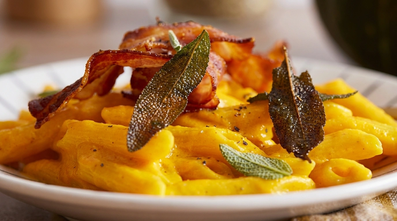 Cremet pasta med moset græskar og stegt salvie