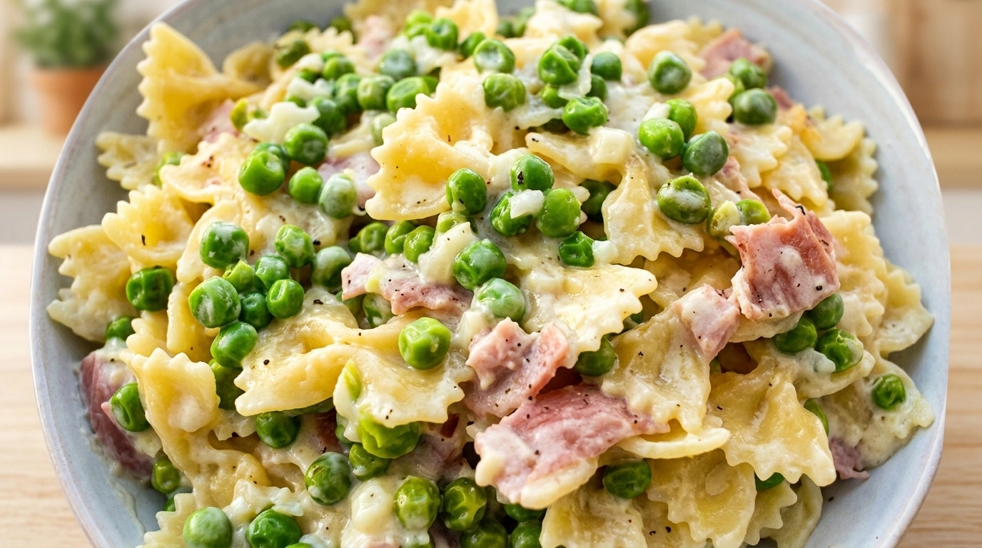 Cremet pasta med skinke og grønne ærter