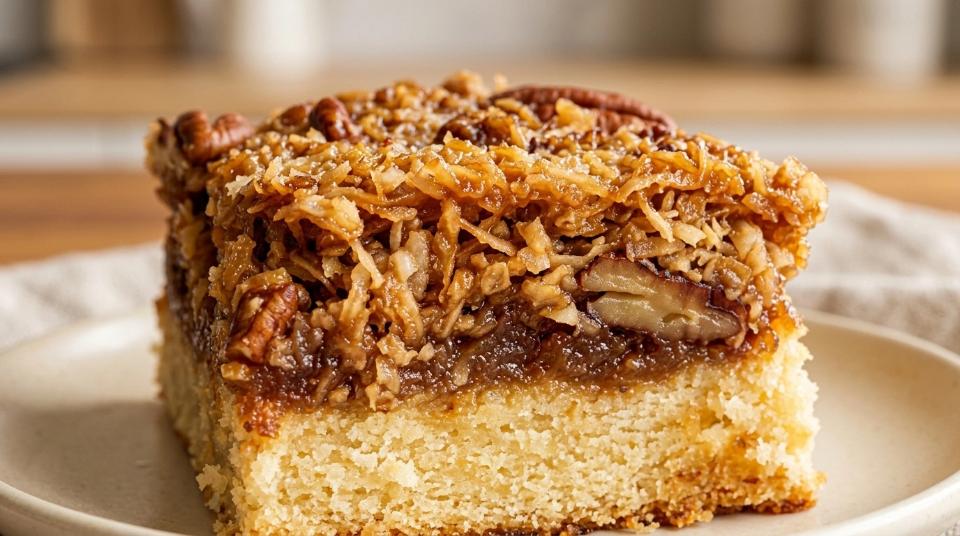 Drømmekage med gyldent kokos-karamel topping skåret i stykker