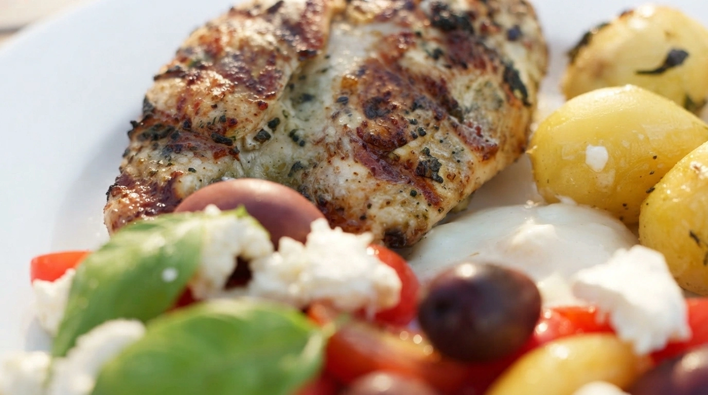 Grillet kylling med nykartofler og frisk urtesmør på et sommerbord