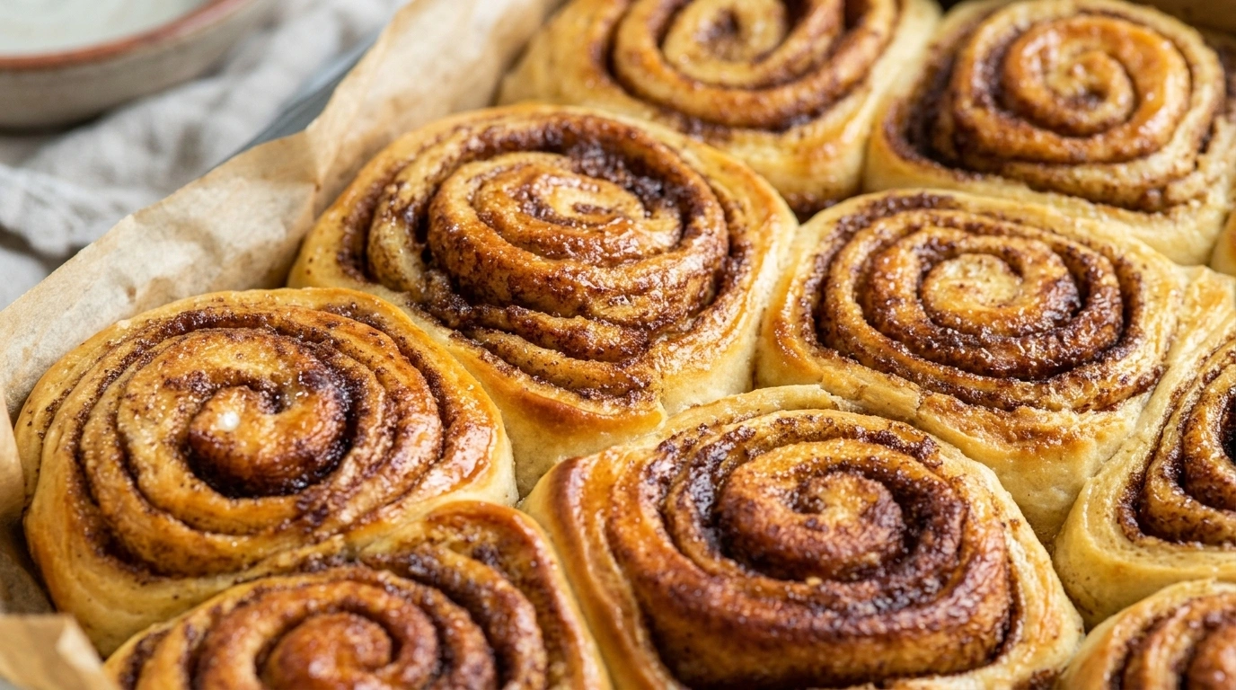 Bløde kanelsnegle med glasur på en bagerist