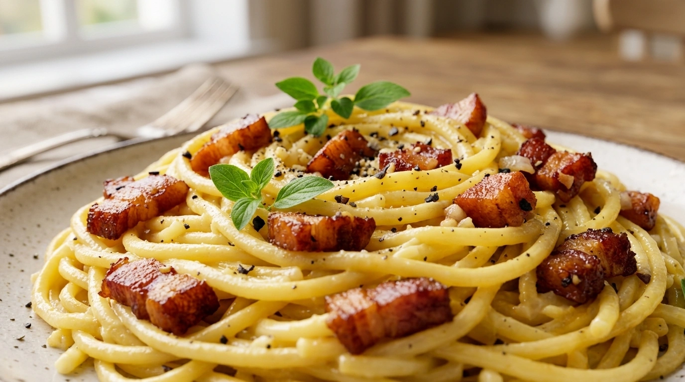 Pasta carbonara med bacon og æggesovs