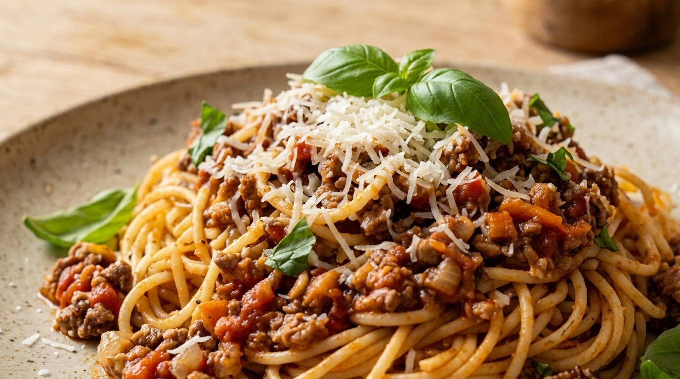 Spaghetti med klassisk bolognese kødsovs og parmesan