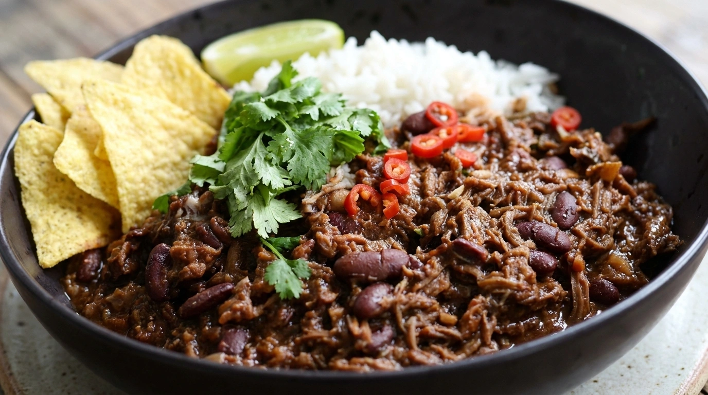 Farverig vegetarisk chili sin carne med bønner, majs og frisk topping
