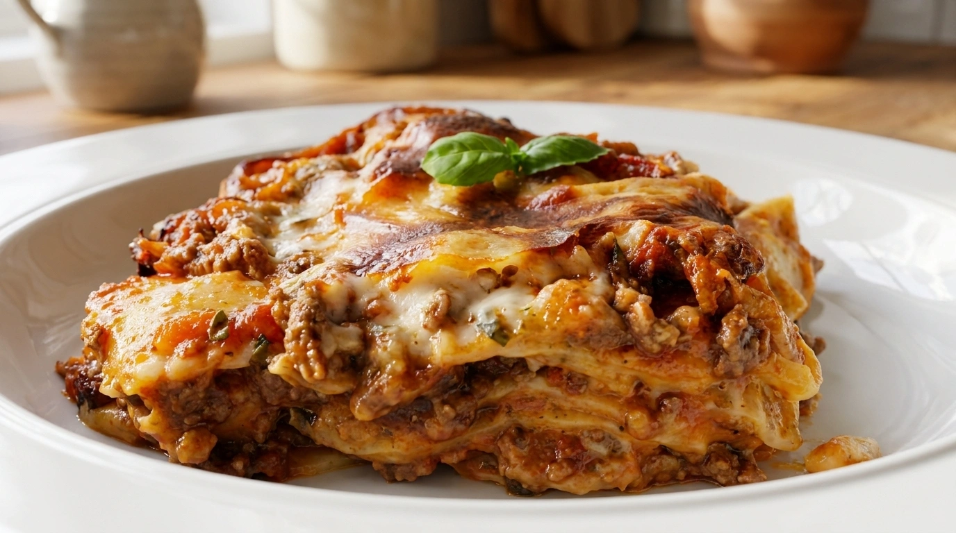 Klassisk ovnbagt lasagne med lag af kødsovs og ost