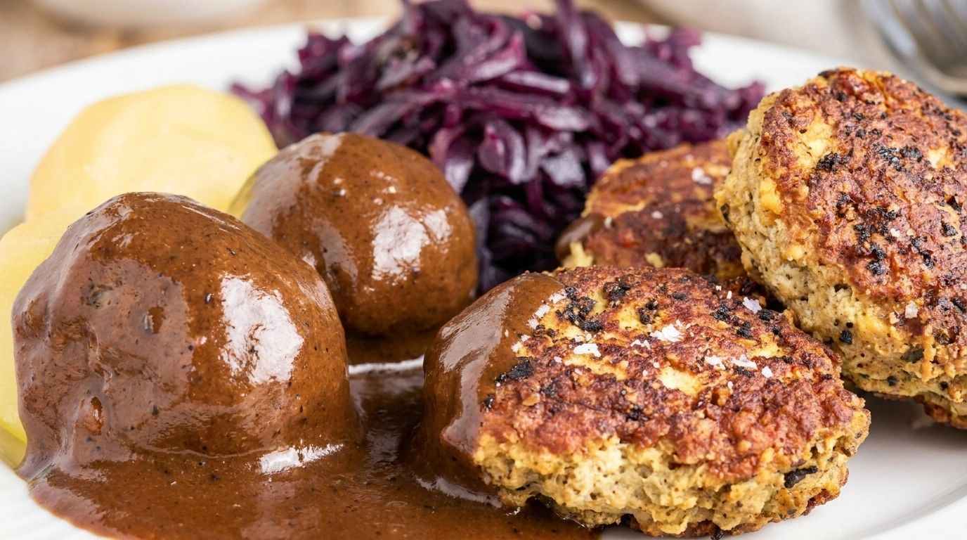 Klassiske danske frikadeller med brun sovs, kartofler og syltede agurker