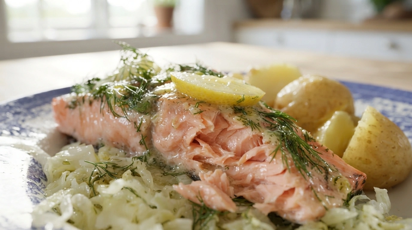 Ovnbagt laks med dild, citronskiver og nye kartofler