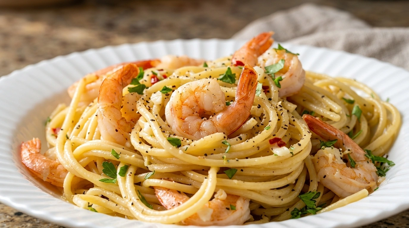 Pasta med lynstegte rejer og hvidløg