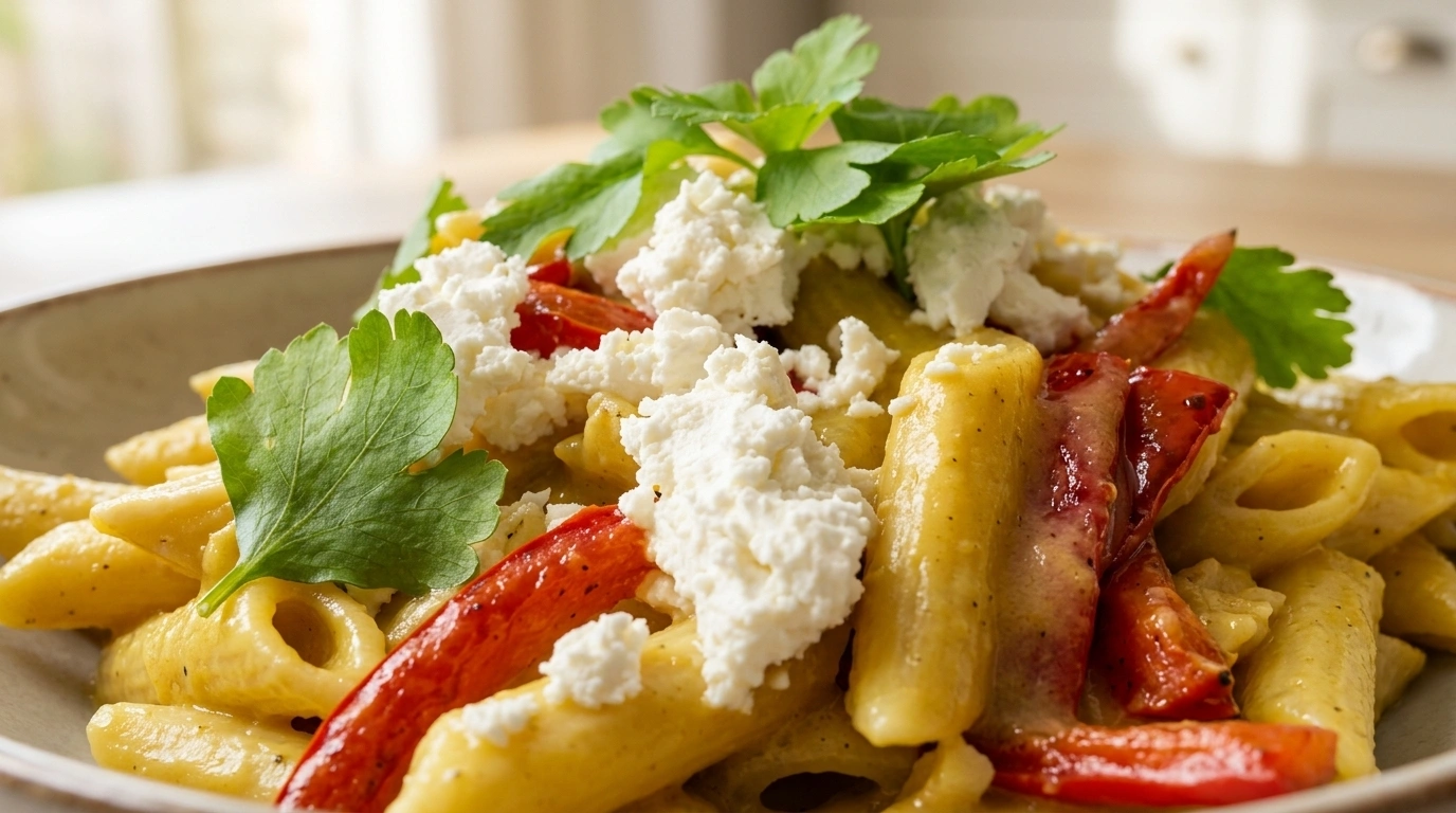 Cremet one-pot pasta med kylling, pesto og friske basilikumblade i stor gryde