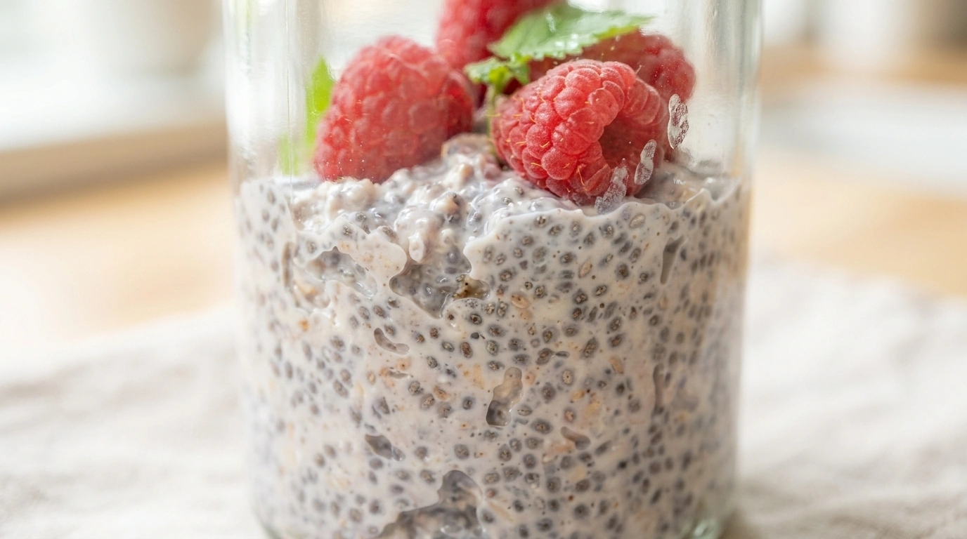 Overnight oats med bær og chiafrø i glas — nem morgenmad forberedt natten over
