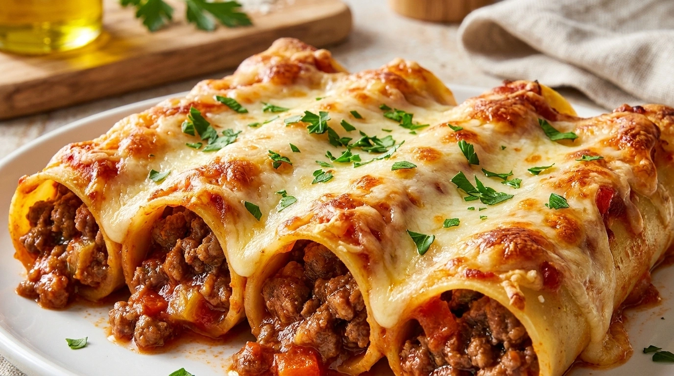 Ovnbagt cannelloni fyldt med kød og ost