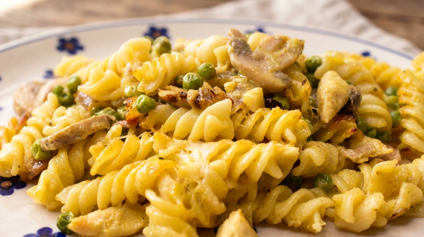 Ovnbagt pasta med kylling, bacon og porrer