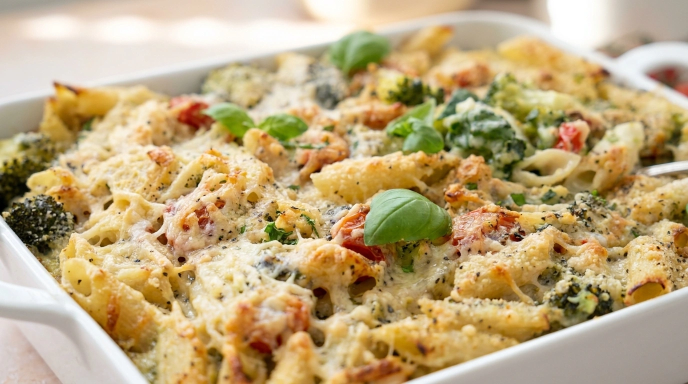 Ovnbagt pasta med kylling, svampe og smeltet ost
