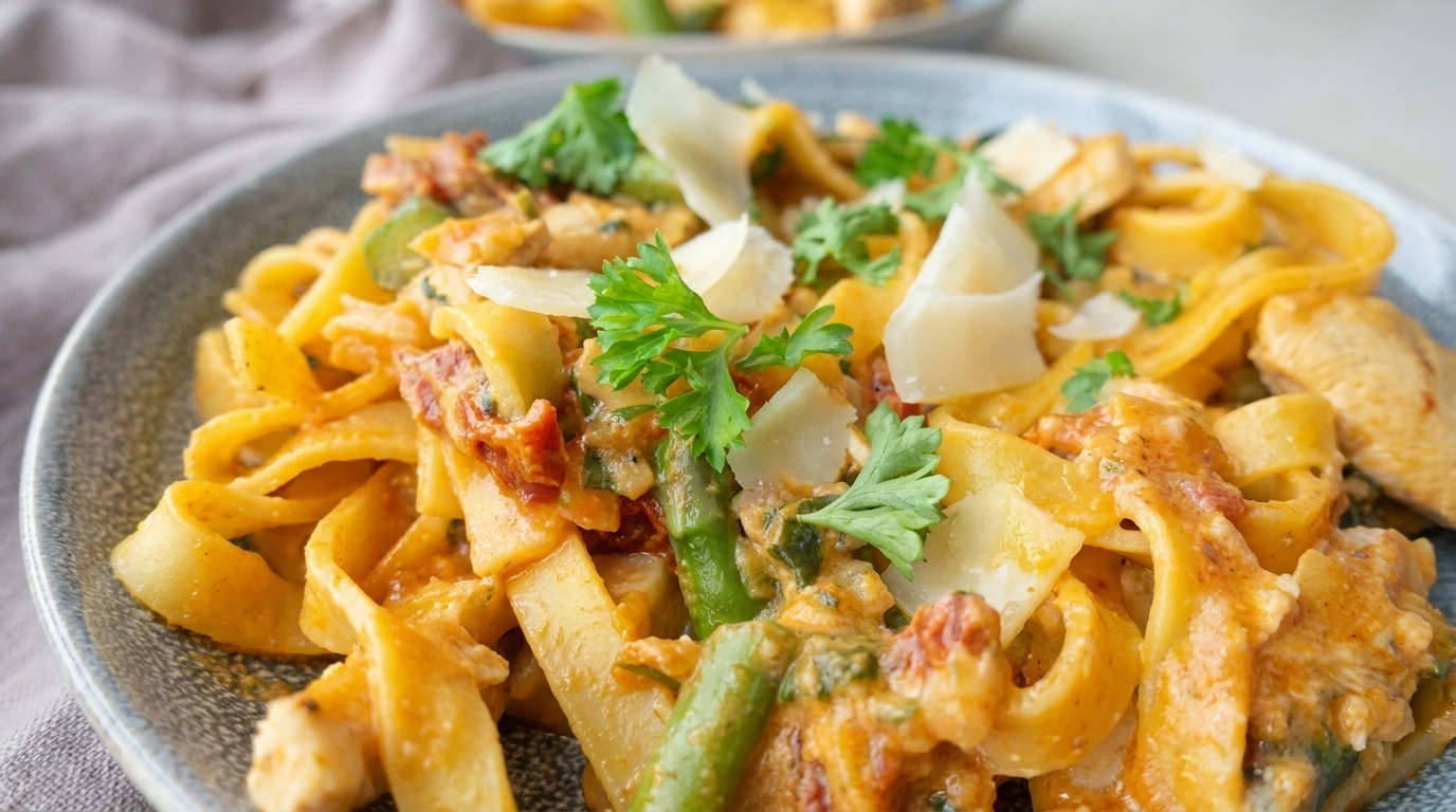 Cremet pasta med kylling og soltørrede tomater