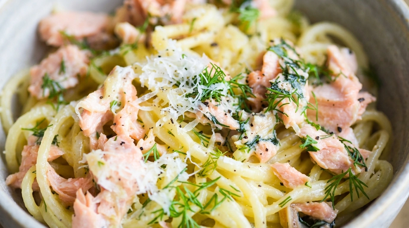 Pasta med laks, fløde og frisk dild