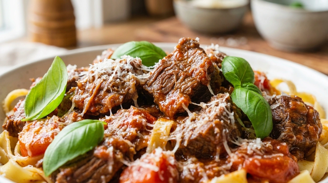 Pasta med langtidssimret ragu med rødvin og rosmarin