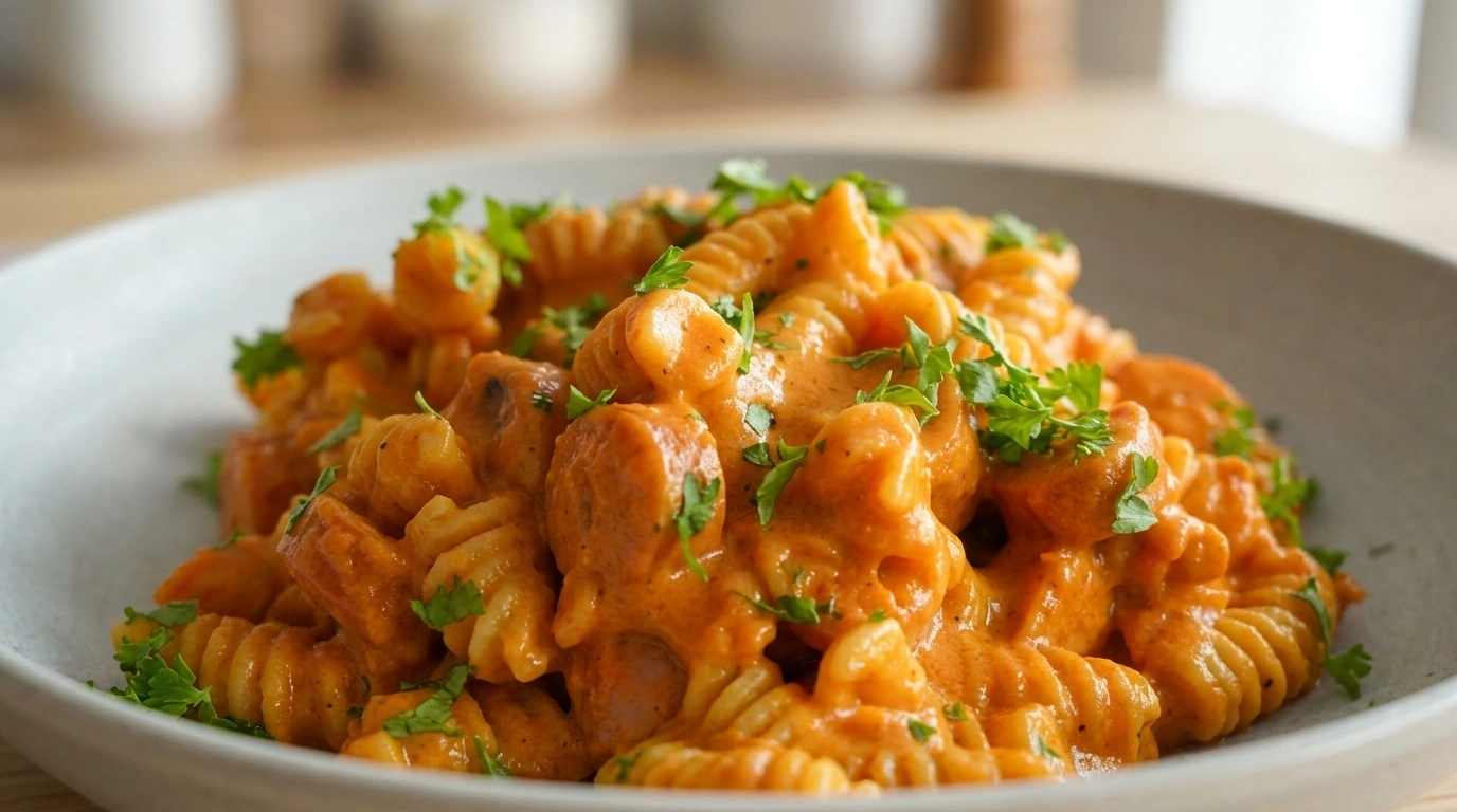 Pasta med pølser i karrysovs
