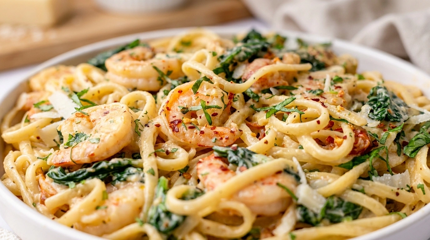 Pasta med rejer, safran og hvidvin i en gryde