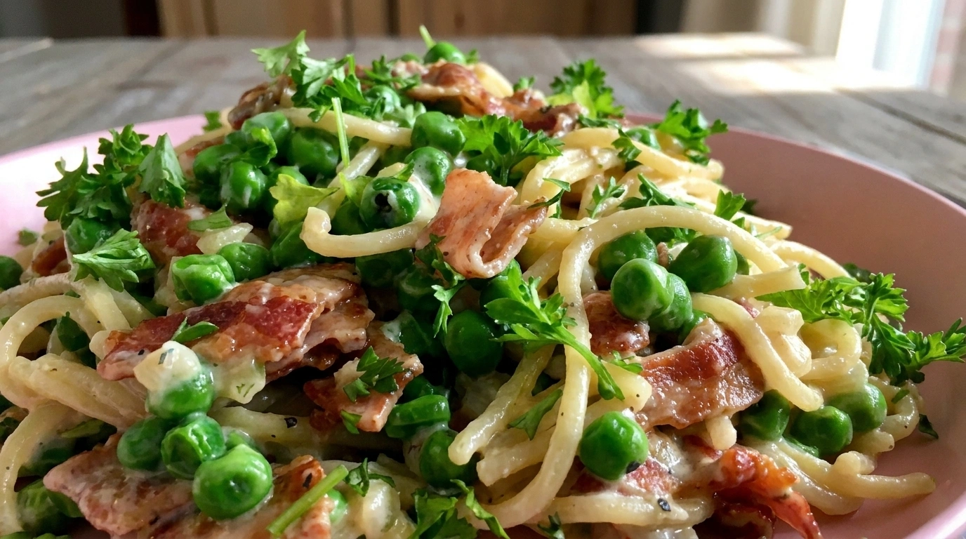 Cremet pasta med skinke, ærter og flødeost