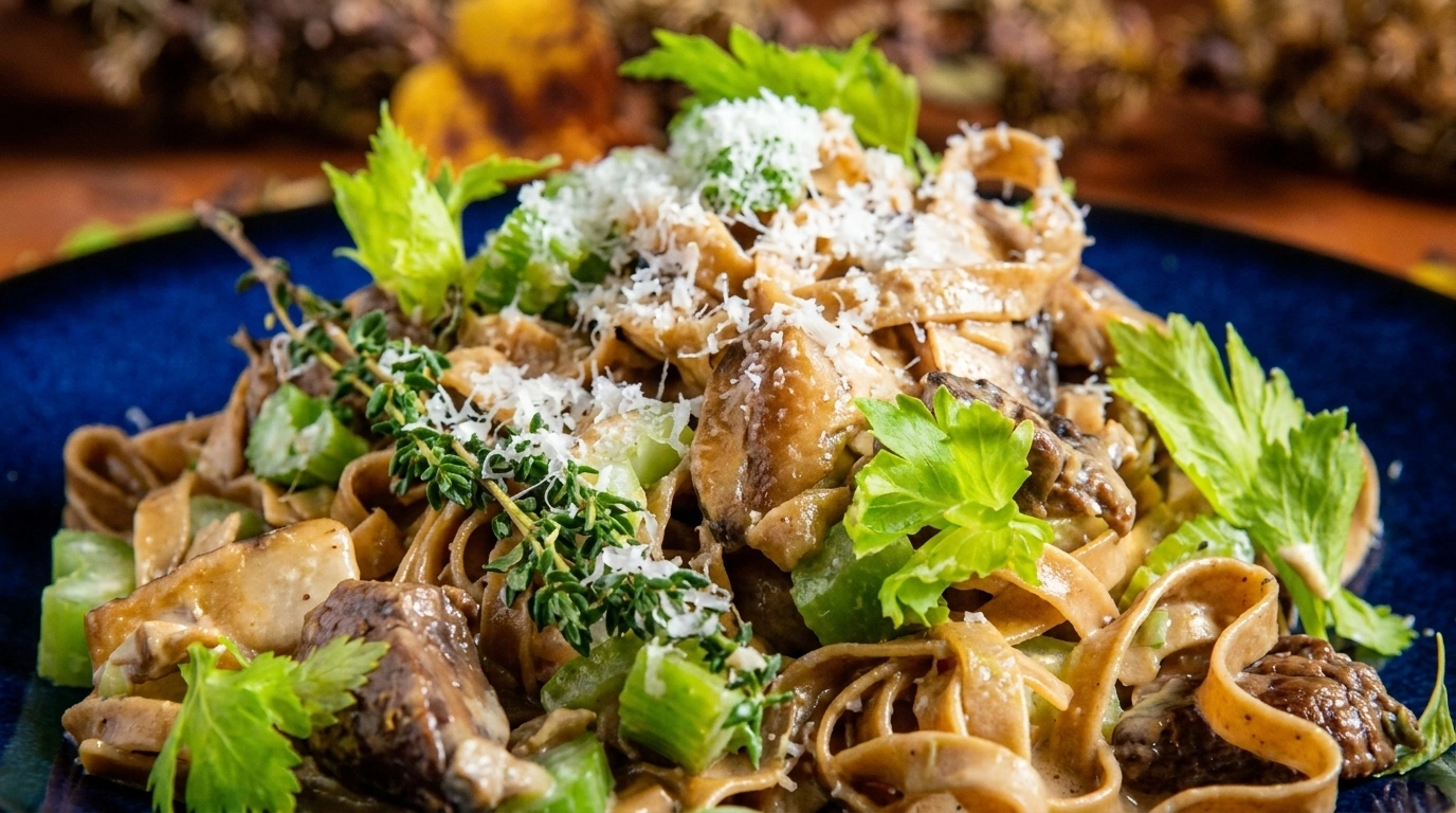 Pasta med vildtsovs og enebær