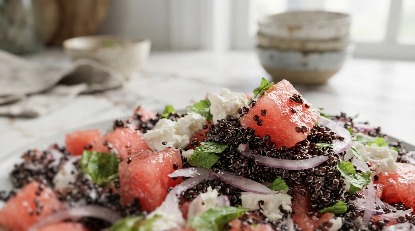 Quinoa-salat med vandmelon, feta, mynte
