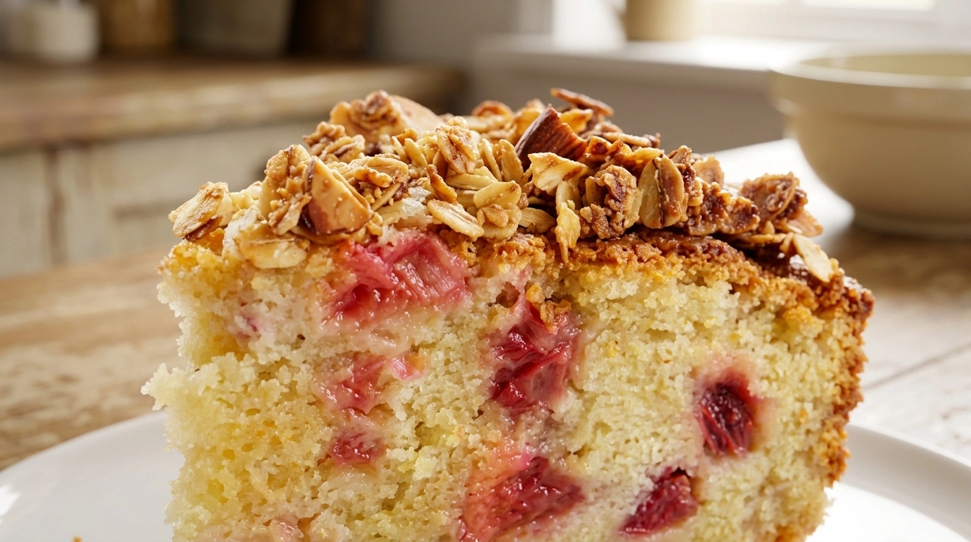 Rabarberkage med gylden crumble topping i fad