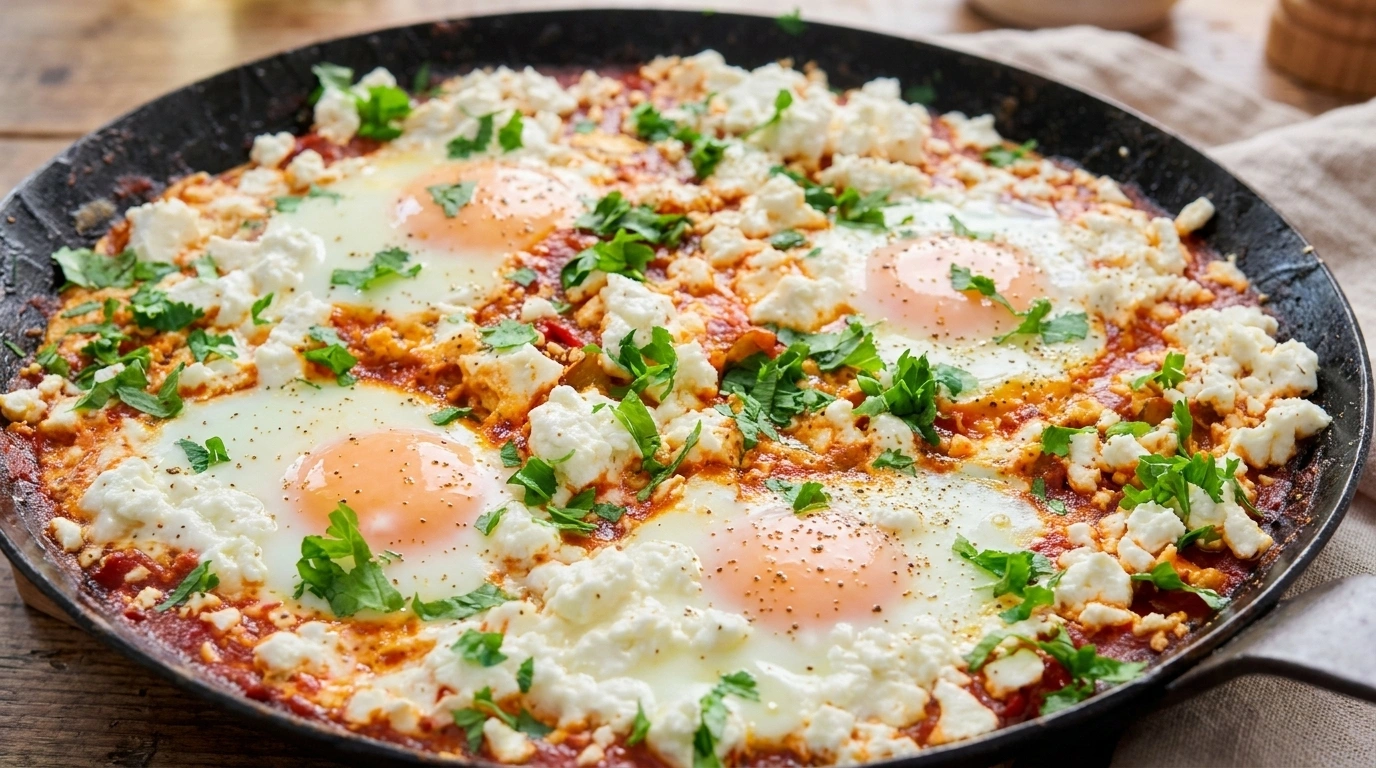 Nem shakshuka opskrift med æg, feta og frisk brød — one-pan brunch til hele familien