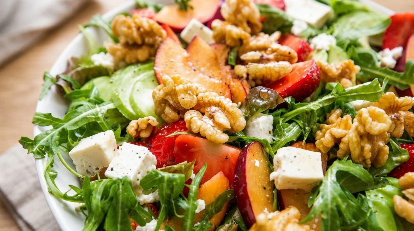 Sommersalat med jordbær, spinat, valnødder og balsamico