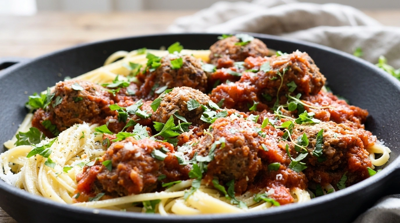 Spaghetti med kødboller i tomatsauce og parmesan
