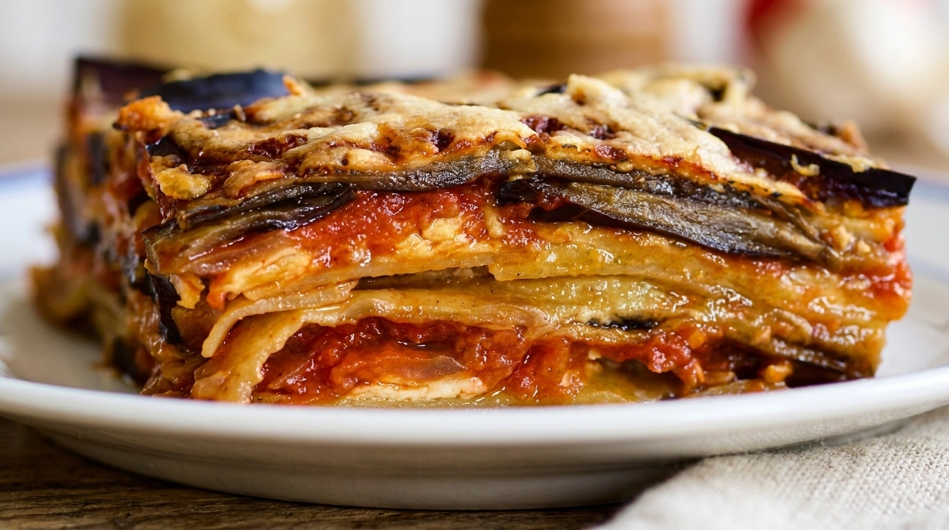 Vegetarisk moussaka med pasta lag og béchamel
