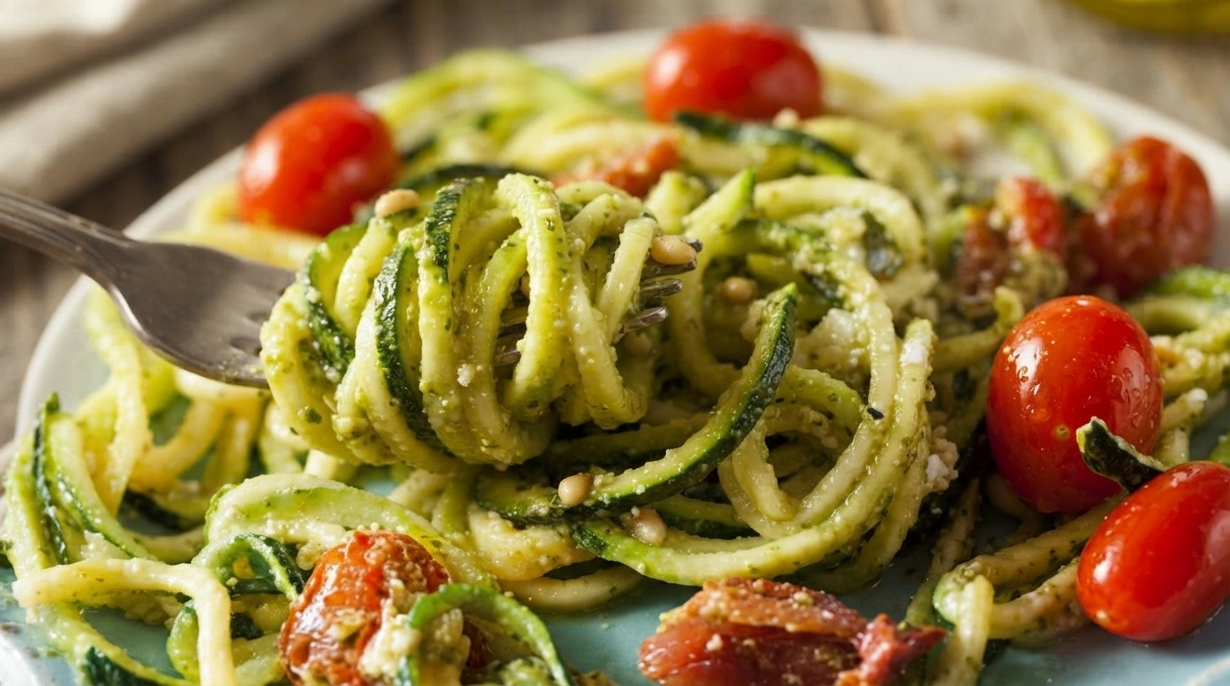 Zucchini-nudler med grøn pesto, cherrytomater og parmesan